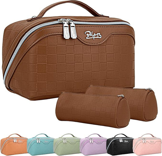Travel Makeup Bag Organizer Cosmetic Bag: 3 Pcs Set Make up Bags for Women with Handle - Waterproof Vegan Leather Toiletry Bags with Comparments (Brown)