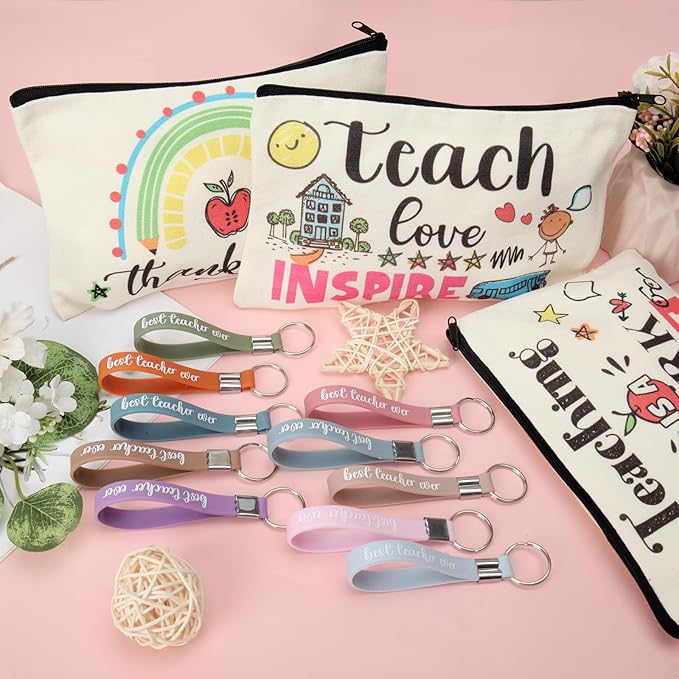 60pcs Teacher Appreciation Gifts Set，Teacher Survival Kit Canvas Makeup Bags for Women, Silicone Keychain Pouch Cosmetic Bag Travel Toiletry Bag for Thank You Gift