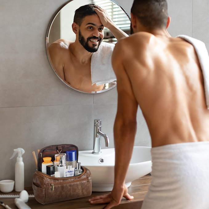 Aliceset 6 Pcs Groomsmen Gift Groomsmen Toiletry Bags Set of 6 Leather Toiletry Bag for Men with Hook Leather Wedding Proposal Bag with Side Handle Father Gift(Dark Brown)