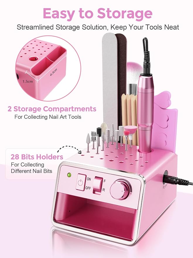 Subay Nail Drill Machine Electric File, Portable for Acrylic Gel Dip Powder Nails, Nail Drill Kit for Manicure Pedicure, Nail Set with Everything, Rose Pink (Pink)