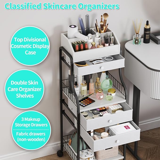 HapiRm Floor Makeup Organizer Storage - Vanity Skincare Make Up Organizers and Storage with Drawers, Cosmetics Display Cases Holder for Skin Care Nail Polish Perfume Makeup Brush