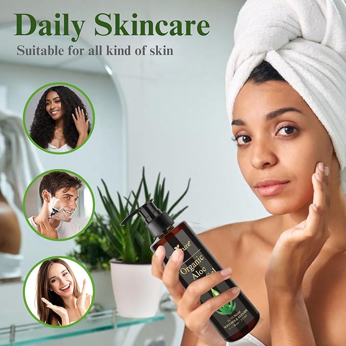 Aloe Vera Gel Infused with Tea Tree Oil for Skin Hydrating, Repair Skin, Aloe Vera Gel Extract from Fresh Pure Aloe Vera for Sunburn Relief, Hair, Razor- 6.76 Fl Oz