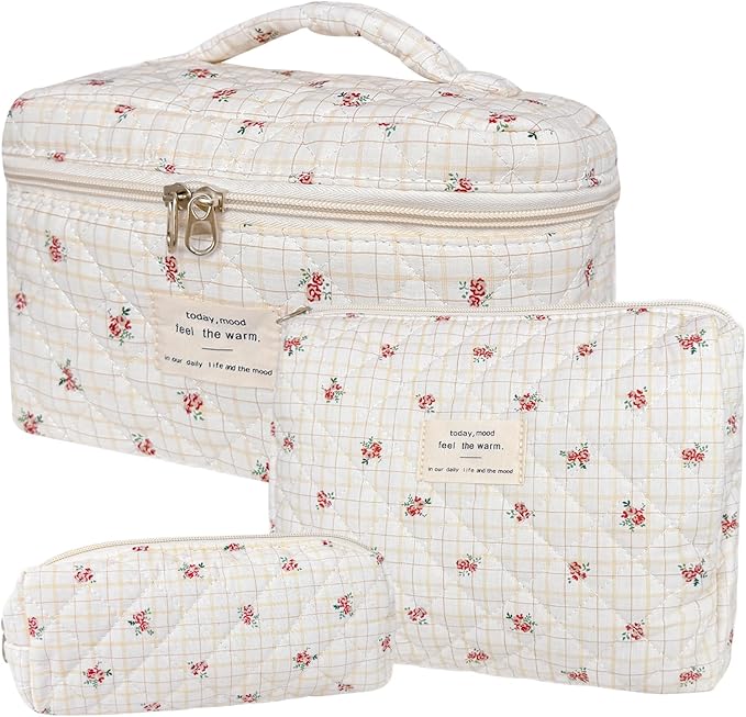 3Pcs Cotton Quilted Makeup Bag for Women Girls, Large Floral Cosmetic Bag Set Cute Makeup Brushes Aesthetic Accessories Storage Bag Flower Travel Toiletry Bag Organizer