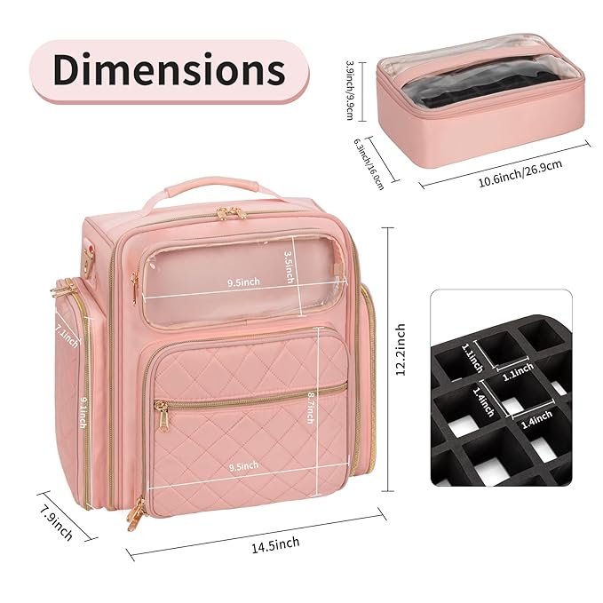 OCHEAL Nail Polish Organizer Case for 50-60 Bottles (15ml) - Portable Manicure Storage Bag with 2 Detachable Pouches, Nail Lamp Compartment & Tools Sections - Travel-Friendly Cosmetic Bag, Pink