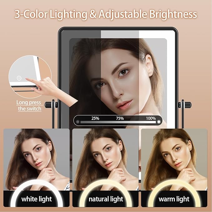 FASCINATE Rechargeable Wall Mounted Makeup Mirror, Bathroom Mirror Rectangle 8.7 Inch Double Sided 1X 10X Magnifying, 3 Color Setting, Extended Arm 360° Swivel Foldable Black