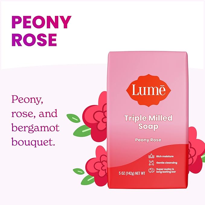 Lume Triple Milled Bar Soap - Rich Moisture & Gentle Cleansing - Paraben Free, Phthalate Free, Skin Safe - 5 ounce (Peony Rose)