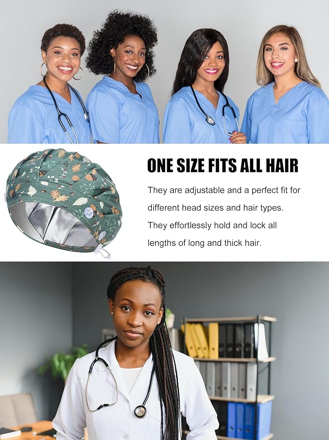 6 Pcs Satin Lined Scrub Caps Women Nurse Surgical Hat with Buttons Ponytail Working Adjustable Pouch Tie Back