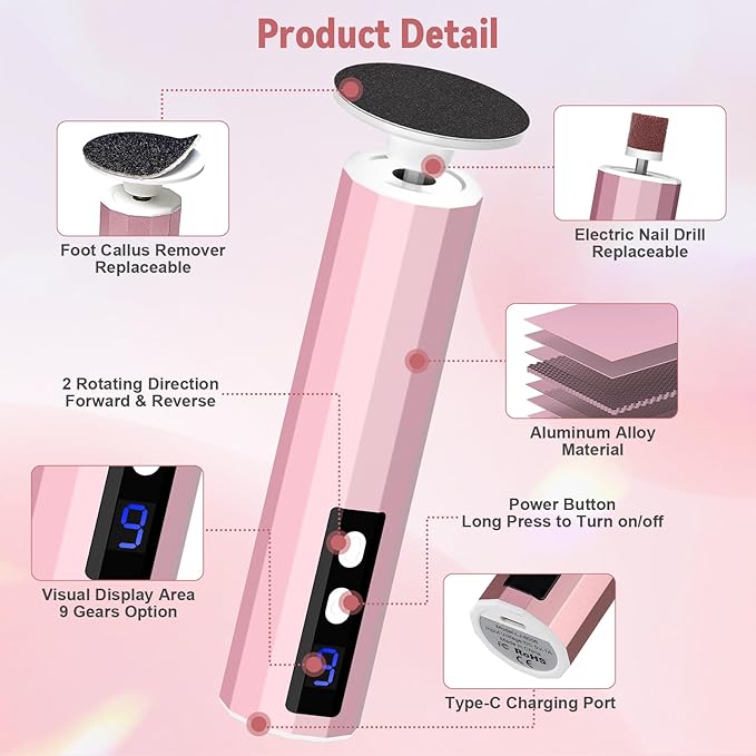 Electric Foot Callus Remover, 2-in-1 Electric Foot Filer/Nail Filer, Callus Remover for Feet with 40Pcs+10Pcs Sandpaper Discs, Professional Pedi Feet Care Perfect for Dead Skin Calluses Gift 【Pink】