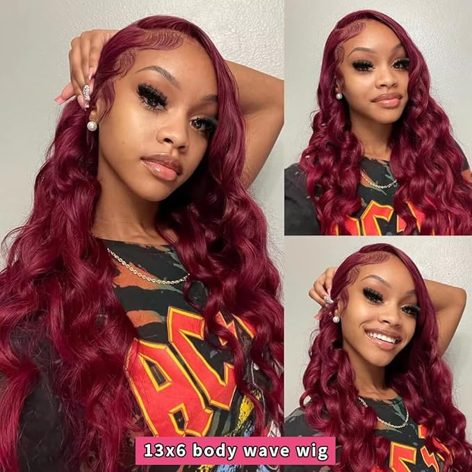 AIRDOT 99J Burgundy Lace Front Wigs Human Hair 26 Inch Red Burgundy Wig Human Hair 13x6 HD Body Wave Lace Front Wigs Human Hair 180% Density Pre Plucked Frontal Human Hair Wigs for Women