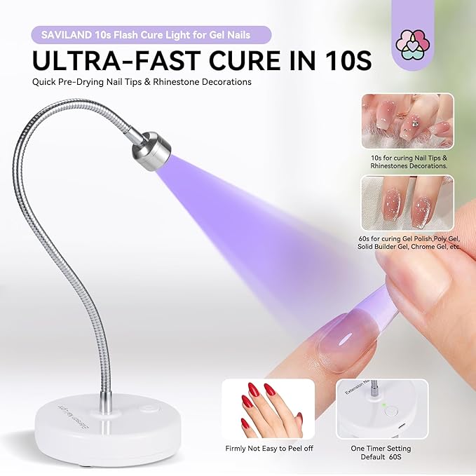 SAVILAND Gooseneck U V Lamp for Gel Nails:Touch Switch 12W U V Nail Lamp 5S Quick Drying LED Fast Curing Lamp Rechargeable Gel Lamp 3Timers Setting 360° Adjustable Home Salon Manicure Nail Dryer