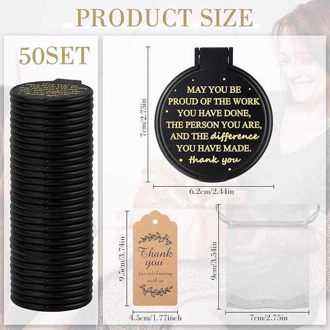 Wenqik 150 Pcs Employee Appreciation Gifts for Women Compact Mirror Bulk Thank You Gift for Staff Inspirational Compact Pocket Round Mirrors with Cards Organza Bags for Women Teacher Coworker