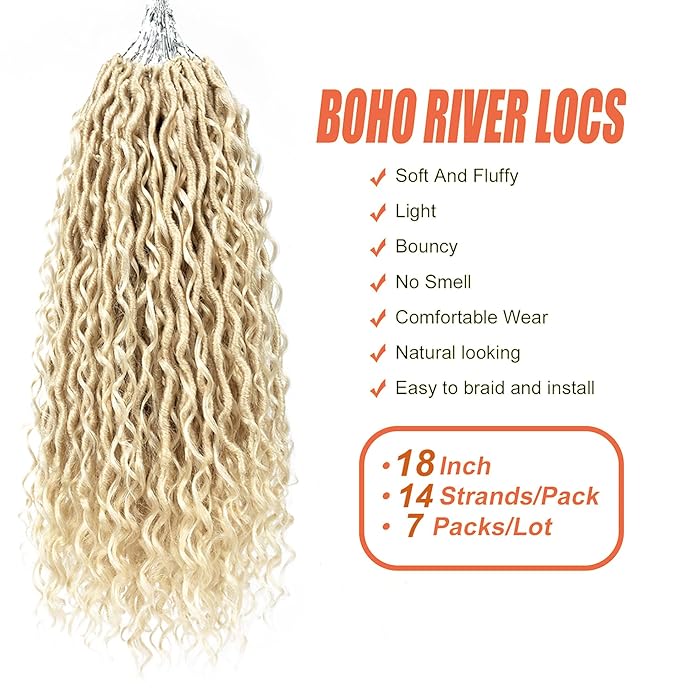 Aipin Goddess Locs Crochet Hair 18 Inch Boho River Locs Hippie Locs Wavy Crochet With Curly Hair In Middle And Ends Braids Hair Extensions (7Packs,18 inch, 613#)