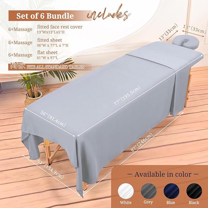 18Pcs 6 Sets Massage Table Sheets Set 3 Piece Set Includes Massage Bed Sheets, Massage Bed Cover Massage Face Rest Cover, Spa Bed Cover Massage Sheets Sets for Beauty Salon and Home Spa (Light Grey)
