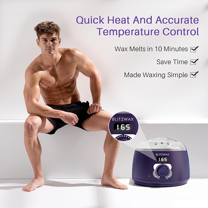 BLITZWAX Brazilian and Bikini Waxing Pot for Men, Hard Wax Warmer for Face, Legs, and Body, At Home Hair Removal Kit, Beginner Friendly, Quick Heating, Precise Temperature Control