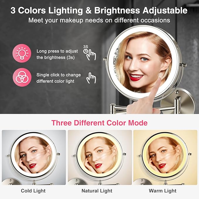 8.5 Inch Magnifying Mirror with Lights, Wall Mounted Makeup Mirror, Dual-Sided 1X/20X, Bright LED Lighting, Space-Saving Design for Bathroom & Vanity, Brushed Nickel