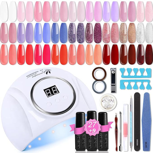 LAVENDR VIOLETS 48pcs Gel Nail Polish Starter Kit with U V Light, Nail Wraps,54W LED Nail Dryer 27 Colors Red Pink Purple Soak Off No Wipe Base and Glossy Matte Top Coat Nail Gel Kit Q979