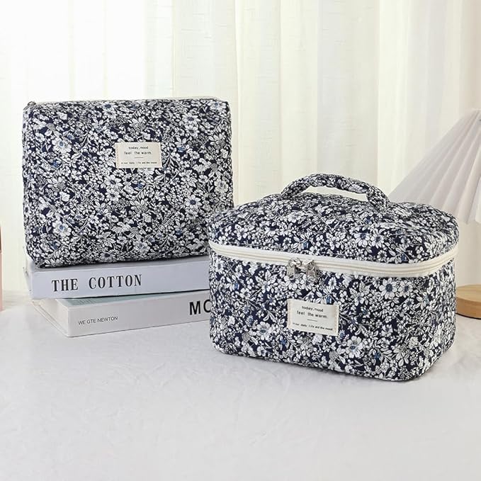 Makeup Bag, 3 PCS Quilted Makeup Bag, Cute Floral Cotton Cosmetic Bag set, Coquette Makeup Pouch Large Travel Toiletry Bag