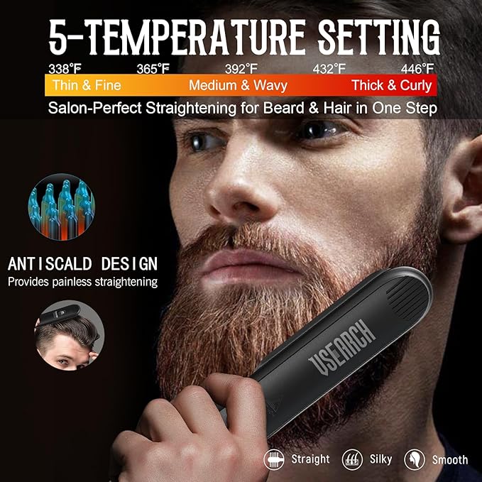 Beard Straightener for Men - 5 Temperature Setting, Anti-scalding, Heated Beard Styling Comb- The Perfect Beard Grooming Kit for Medium to Long Beards - Ideal Father's Day Gift