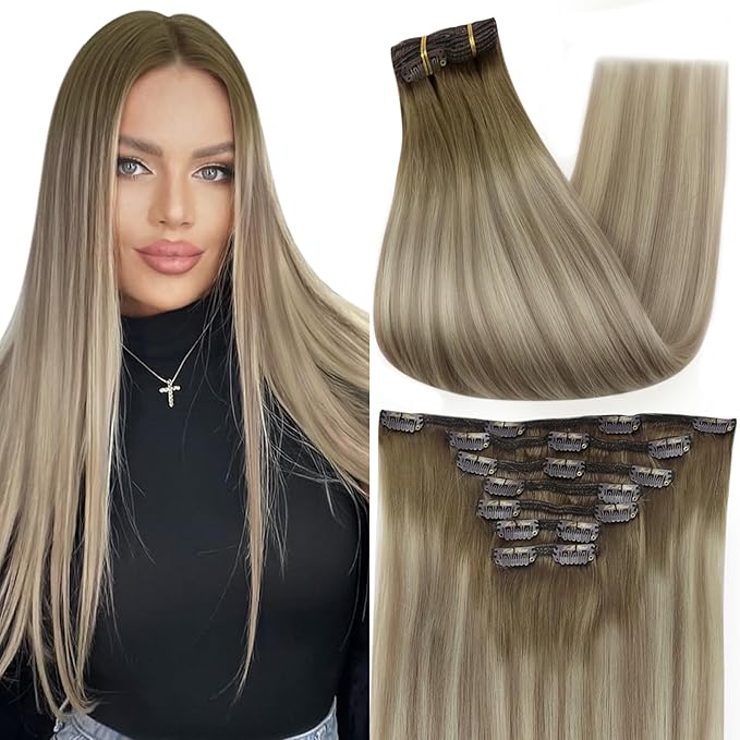 Full Shine Clip in Hair Extensions Human Hair Blonde Remy Hair Extensions Straight Light Ash Brown Ombre to Blonde Hair Clip in Extensions 20 Inch Long Hair 7 Pcs