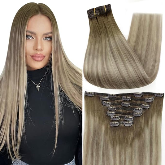 Full Shine Clip in Hair Extensions Human Hair Blonde Remy Hair Extensions Straight Light Ash Brown Ombre to Blonde Hair Clip in Extensions 20 Inch Long Hair 7 Pcs