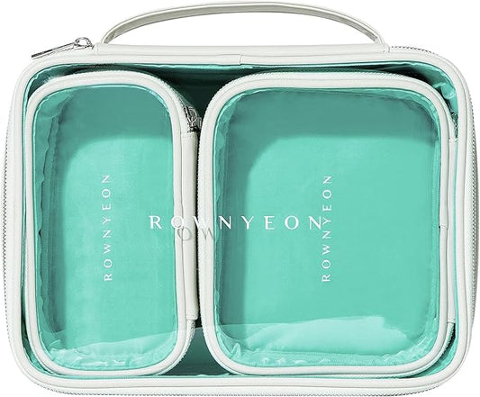ROWNYEON 3-Piece Premium Cosmetic Organizer Set - Clear PVC & Faux Leather Storage Bags with Jewel-Tone Blue Lining, Waterproof Travel Toiletry Cases for Home/Carry-On (Jumbo/Medium/Mini)
