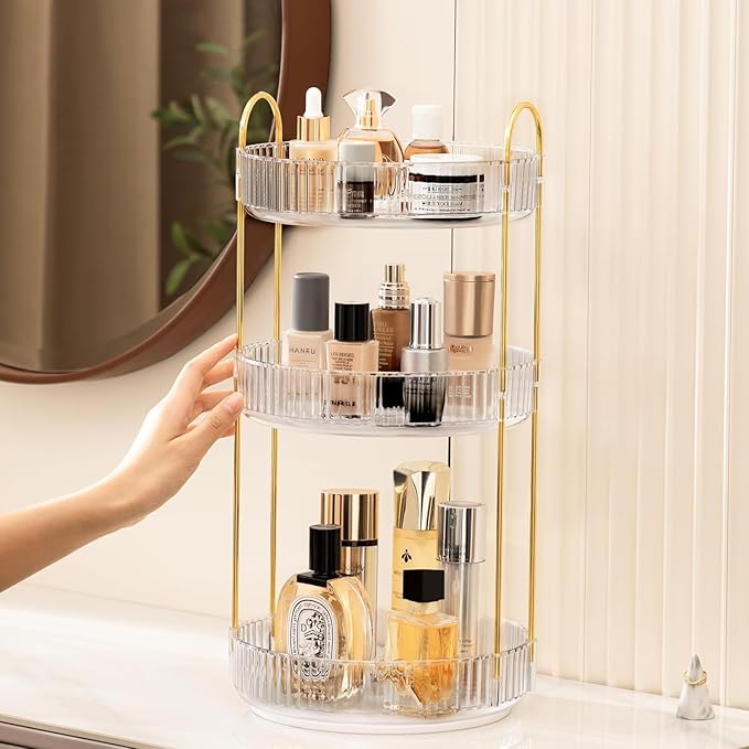 360 Rotating Makeup Organizer Countertop Clear 3 Tier Bathroom Organizer Spinning Perfume Organizers, Skincare Organizers Makeup Carousel Cosmetic Brush Storage for Vanity, Countertop