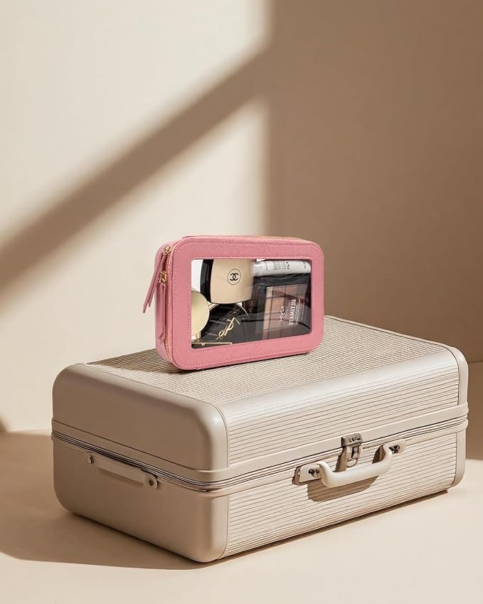 Clear Makeup Bags TSA Approved Toiletry Bag Handle Large Opening,Clear Toiletry Bags for Carry-on Traveling Travel Car Accessories Essentials Organziation Storage for Women Girls(Rose Pink, Middle)