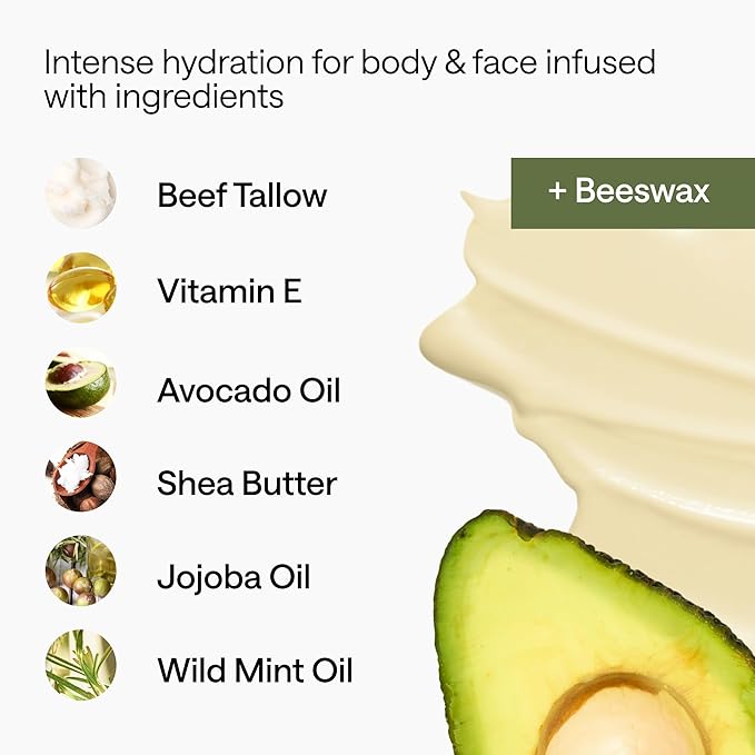 Grass Fed Beef Tallow for Skin and Face with Avocado Oil - Dry Skin Moisturizer for Men & Women - Beef Tallow Balm for Face, 1 Wooden Spatula & Bag