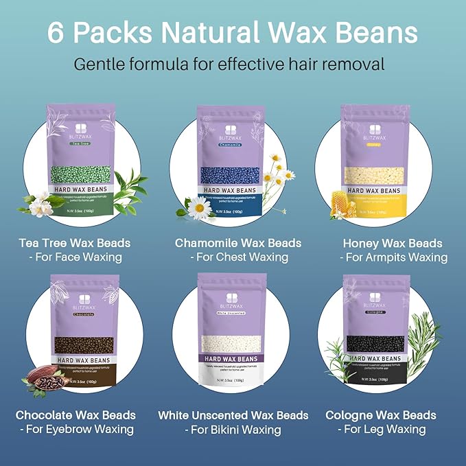 BLITZWAX Back and Nose Waxing Kit for Men, Hard Wax Warmer for Brazilian, Body and Face, At Home Hair Removal Kit, Beginner Friendly, Quick Heating, 93 Accessories, Blue Waves