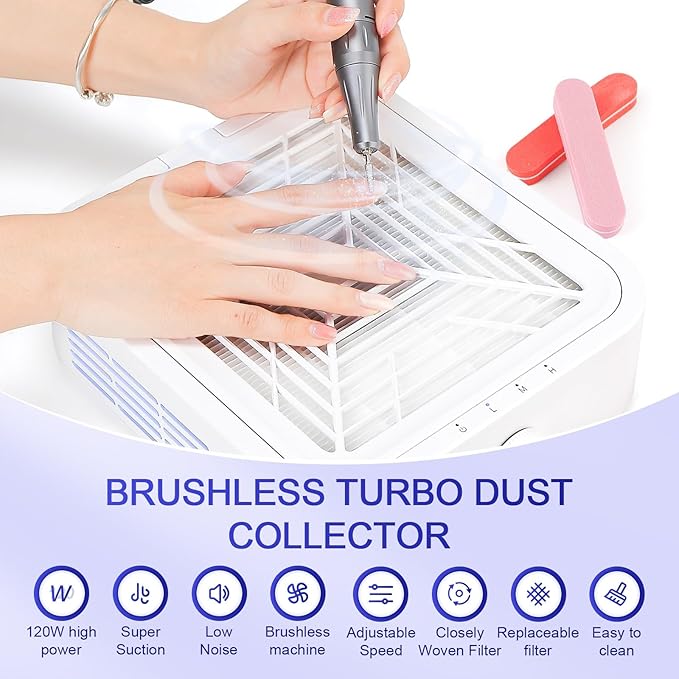 120W Brushless Nail Dust Collector Machine Nail Dust Cleaner with Powerful Suction Extractor Fan for Manicure, Professional Nail Filter for Nail Art, Home Salon Use
