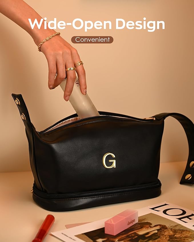 Women Gifts, Personalized Makeup Bag with Handle, Initial Double Layer Cosmetic Bag with Makeup Brush Organizer, PU Leather Travel Toiletry Bag, Gifts for Friends Female Mom