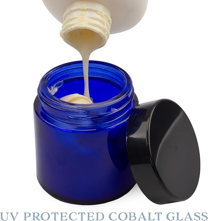 4-Ounce Cobalt Blue Glass Straight Sided Cosmetic Jars (12-Pack); 120 ml. Capacity, BPA-Free Lids