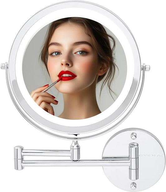 OVENTE 9" Lighted Wall Mount Makeup Mirror with 1X/10X Magnification, Cordless Double Sided Magnifying Round Vanity Mirror, 360° Swivel Design, Extendable and Folding Arm, Polished Chrome MFW85CH1X10X