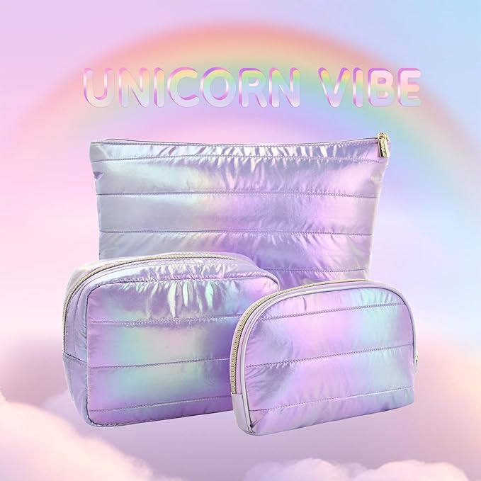 Hiroyuki 3pcs Iridescent Quilted Makeup Bag (plain, purple)