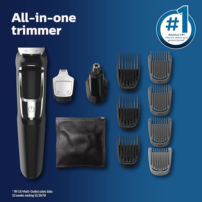 Norelco Philips Multigroomer All-in-One Trimmer Series 3000, 13 Piece Mens Grooming Kit, for Beard, Face, Nose, and Ear Hair Trimmer and Hair Clipper, NO Blade Oil Needed, MG3750/60