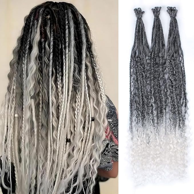 24 In 30 Strands Boho Dreadlock Extensions, Gray to White Synthetic Curly Dreads Extensions with Box Braid, 100% Handmade Dreads Hippie Style Dreadlocks for Woman