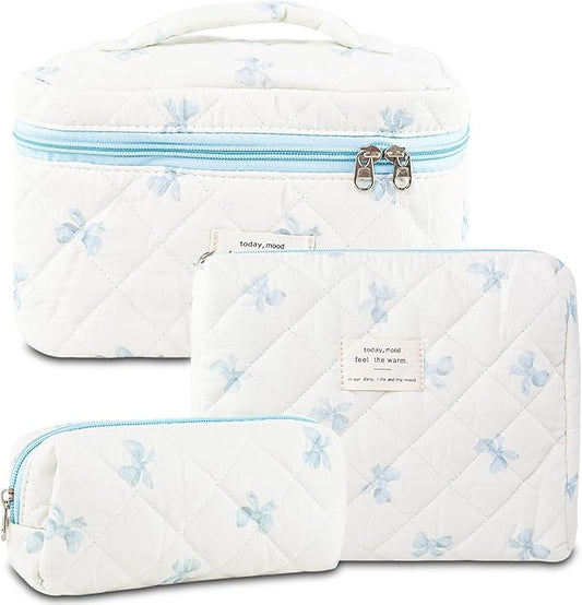 3Pcs Makeup Bag Cotton Quilted Travel Cosmetic Bag Cute Floral Makeup Pouch Large Toiletry Bag for Women Girls (Bow-Blue)