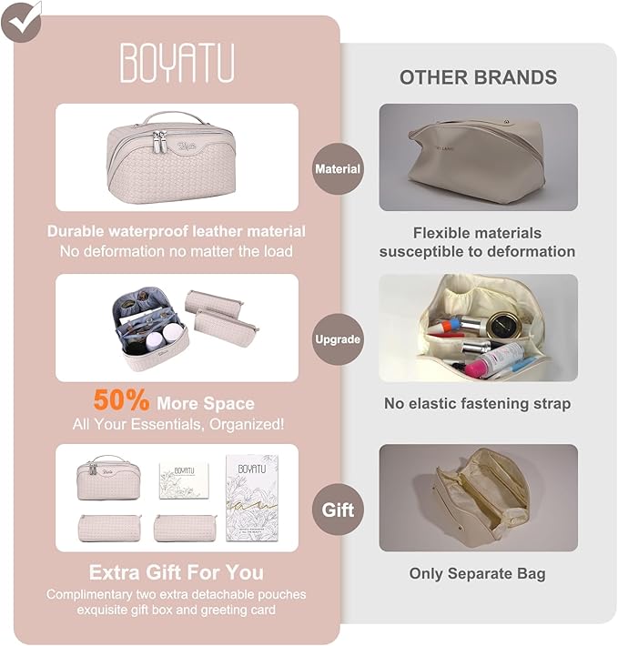 BOYATU Travel Makeup Bags for Women: Large Makeup Organizer - 3 Pcs Make up Bags Set - Vegan Leather Cosmetic Bag with Protable Handle & Divider (L18 Beige)