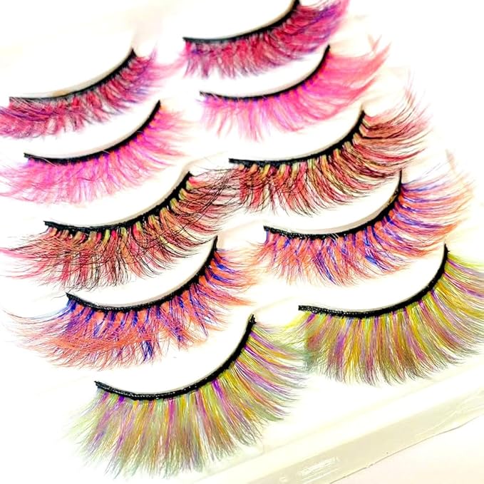Sunniess Ombre Colored Lashes Silk Protein Fluffy Wispy Volume Fake Lashes for Halloweens Cosplay Party Stage Russian D Curl Lashes with Color Make up Faux Mink False Eyelashes