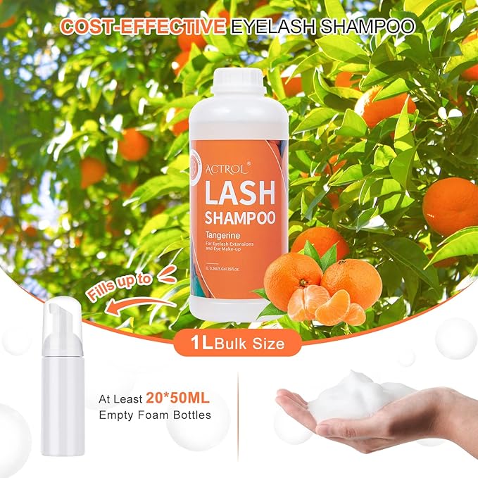 Eyelash Extension Cleanser Tangerines 1L Natural Lash Extension Shampoo Professional Eyelid Foaming Cleanser Paraben & Sulfate Free Non-lrritating with Salon and Home Care