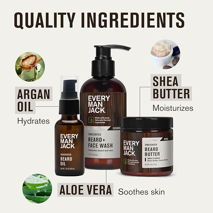 Every Man Jack Unscented Beard Bundle - Fragrance Free for Sensitive Skin - Contains (1) each of Beard & Face Wash, Beard Butter, and Beard Oil