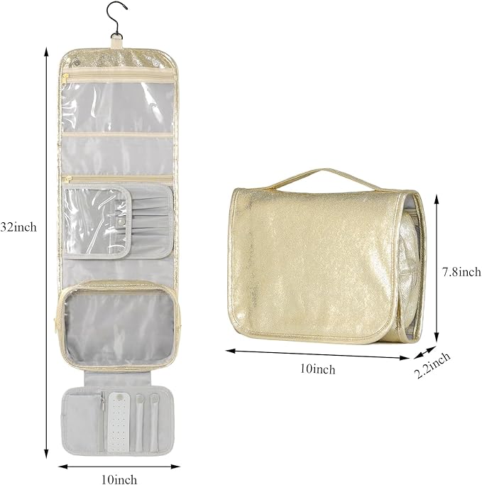 Travel Toiletry Bag for Women,Hanging Travel Toiletry Bag with Jewelry Organizer Compartment,Makeup Bag, Waterproof and Dirt Resistant, Travel Essentials, Gold