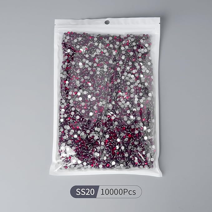 10000PCS Dark Red Rhinestones Bulk, Flat Back Crystal Glass Stone Round Gems,SS20, 4.6-4.8mm