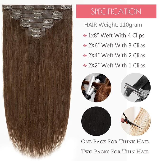 Loxxy Tape Clip In Hair Extensions Natural Thick End Glam Seamless Hair Extensions Clip in Human Hair For Women Silky Straight Full Head Dark Brown Color 7 Pieces 110Gram 16inch