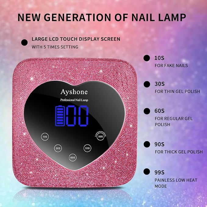 Cordless UV LED Nail Lamp,72W Rechargeable Nail Dryer Gel Polish Light with Large LCD Display,Rechargeable Nail Curing Lamp for Salon & Home (Rose Red Diamond)