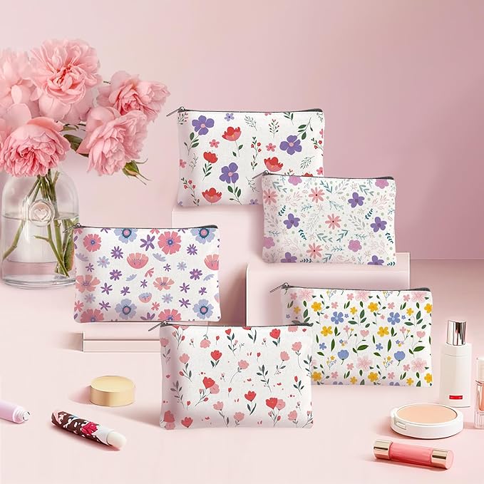 20PCS Flower Canvas Makeup Bags Bulk Floral Cosmetic Bags for Women and Girls Spring Multicolor Travel Pouch Wildflower Canvas Toiletry Bag Bulk Makeup Organizer Bags Group Gifts for Women