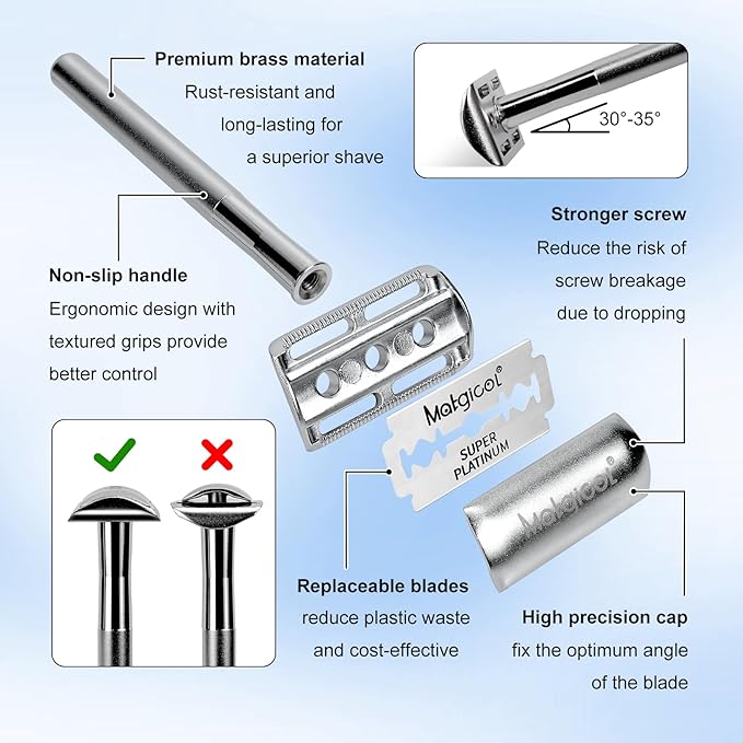 Premium Heavy-Weight Safety Razor for Men – Swedish Steel Blades, Solid Brass Long Handle Professional Close Shave, Built to Last a Lifetime (Silver)
