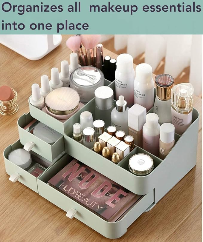 Makeup Organizer for Vanity, Large Countertop Organizer with Drawers, Cosmetics Storage for Skin Care, Brushes, Eyeshadow, Lotions, Lipstick,Nail Polish.Great for Dresser, Bathroom, Bedroom-Green