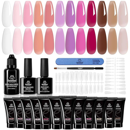 beetles Gel Polish 12 Colors Poly Nail Extension Kit Clear Jelly White Glitter Nude Pink Purple Builder Manicure Enhancement Starter Set Need Cure UV Led Nail Lamp Spring Gifts for Women Girls