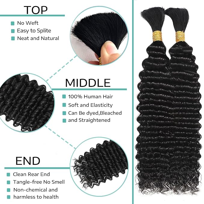 Human Braiding Hair Deep Water Wave Bulk Human Hair for Braiding 110g 28 Inch Curly Human Hair Extensions for Boho Braids No Weft 12A Wet and Wavy Human Hair 2 Bundles/Pack Natural Color